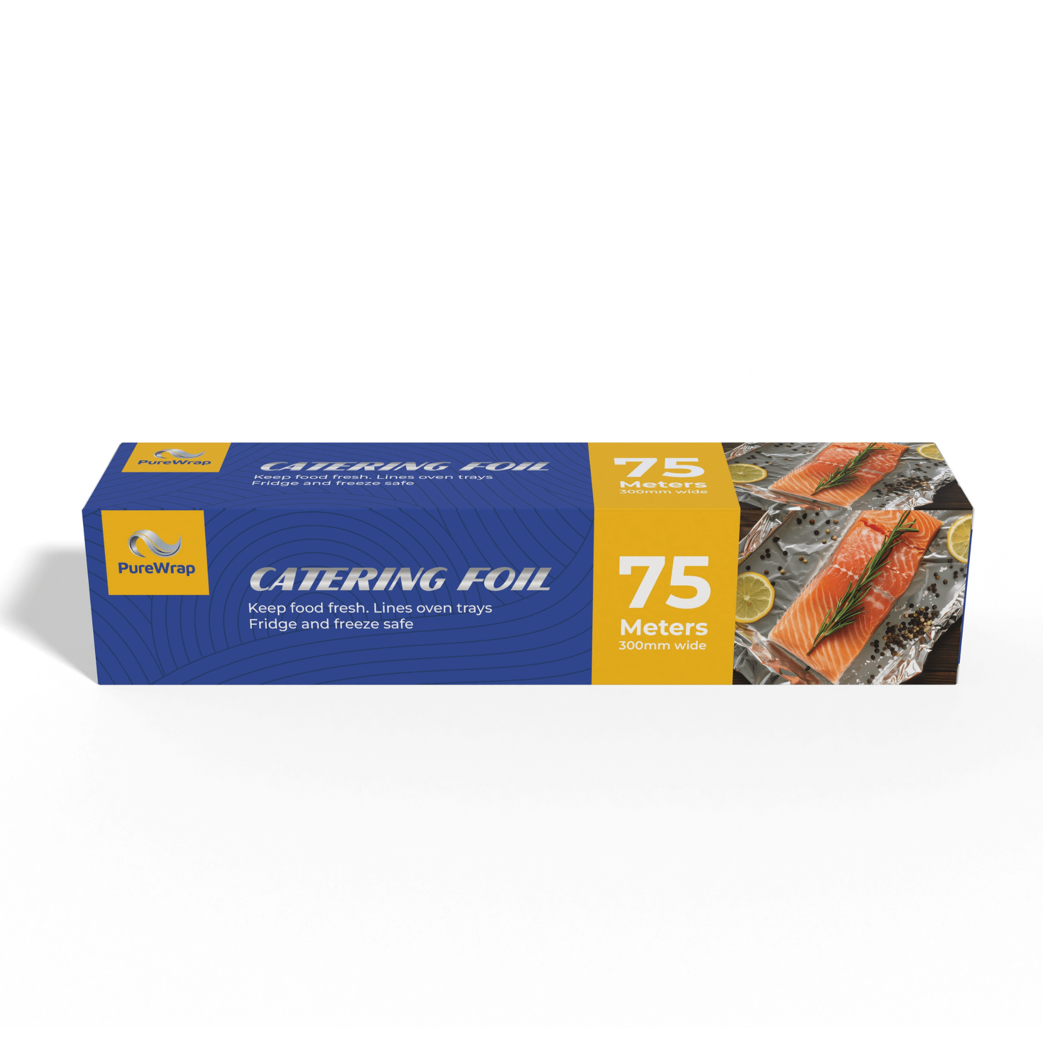 Purewrap catering foil, 75 meters by 300mm, featuring images of salmon on foil with lemon slices and herbs on the packaging.