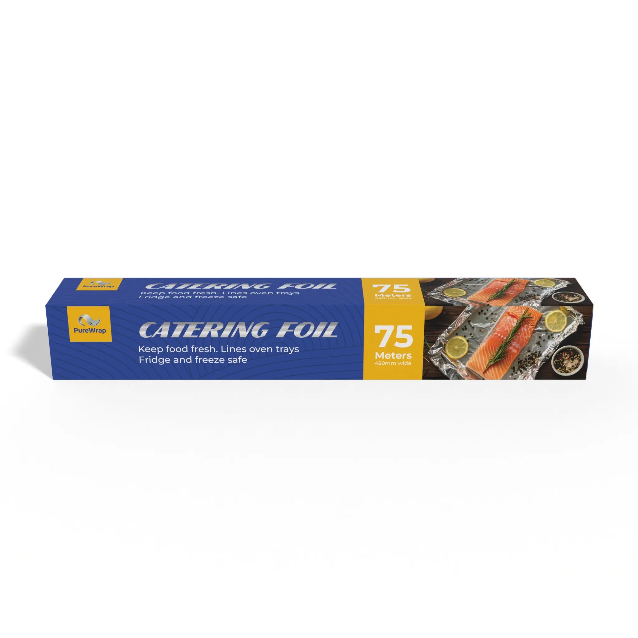 Purewrap catering foil, 5 meters by 450mm, featuring images of salmon on foil with lemon slices and herbs on the packaging.