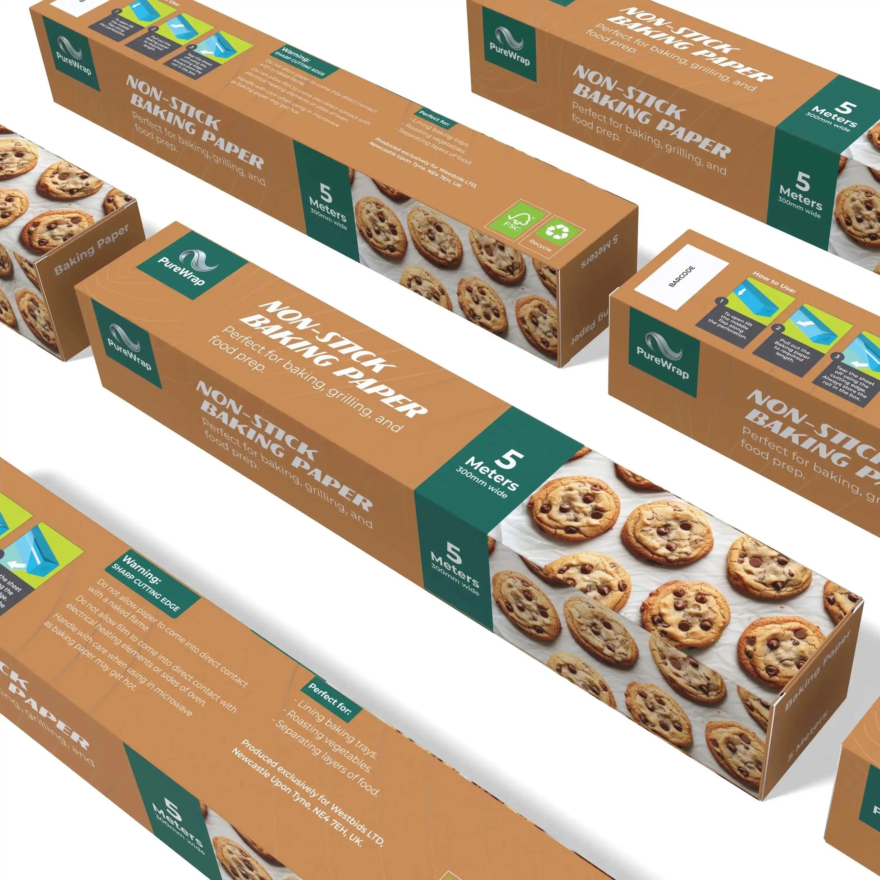 Boxes of Purewrap 5 meter non-stick baking paper, showing packaging with cookies image.