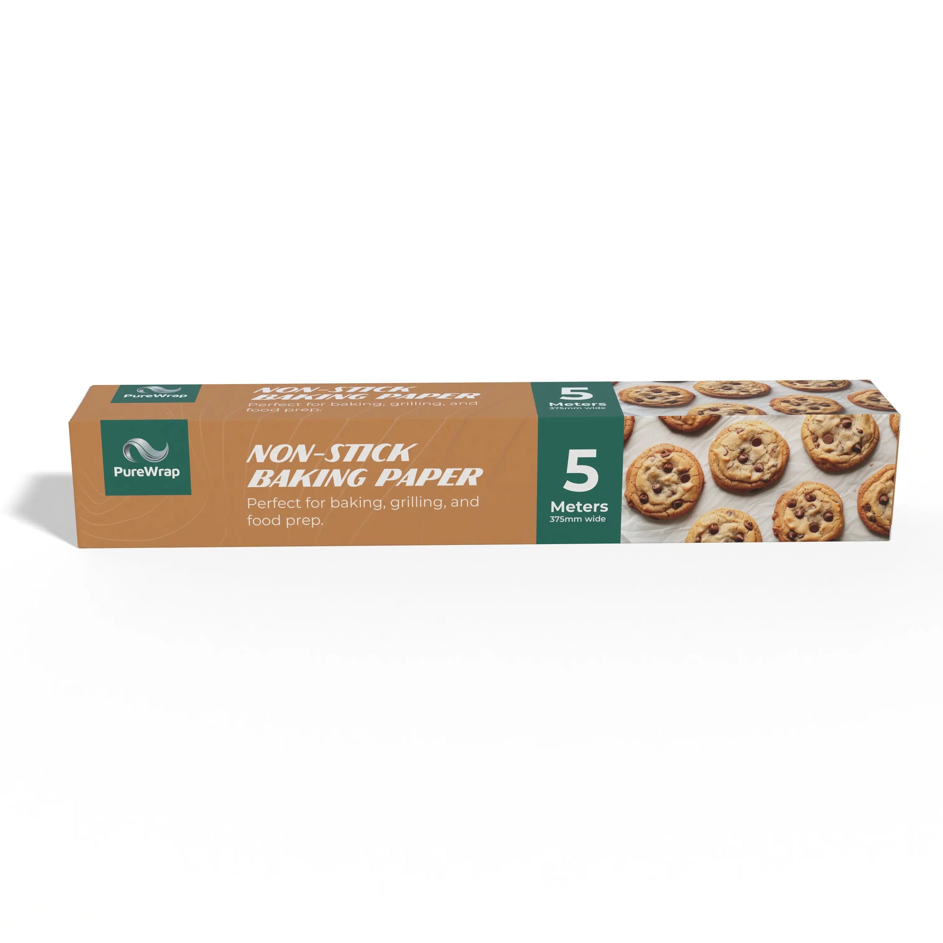 Box of PureWrap non-stick baking paper, 5 meters, featuring images of cookies on the packaging.