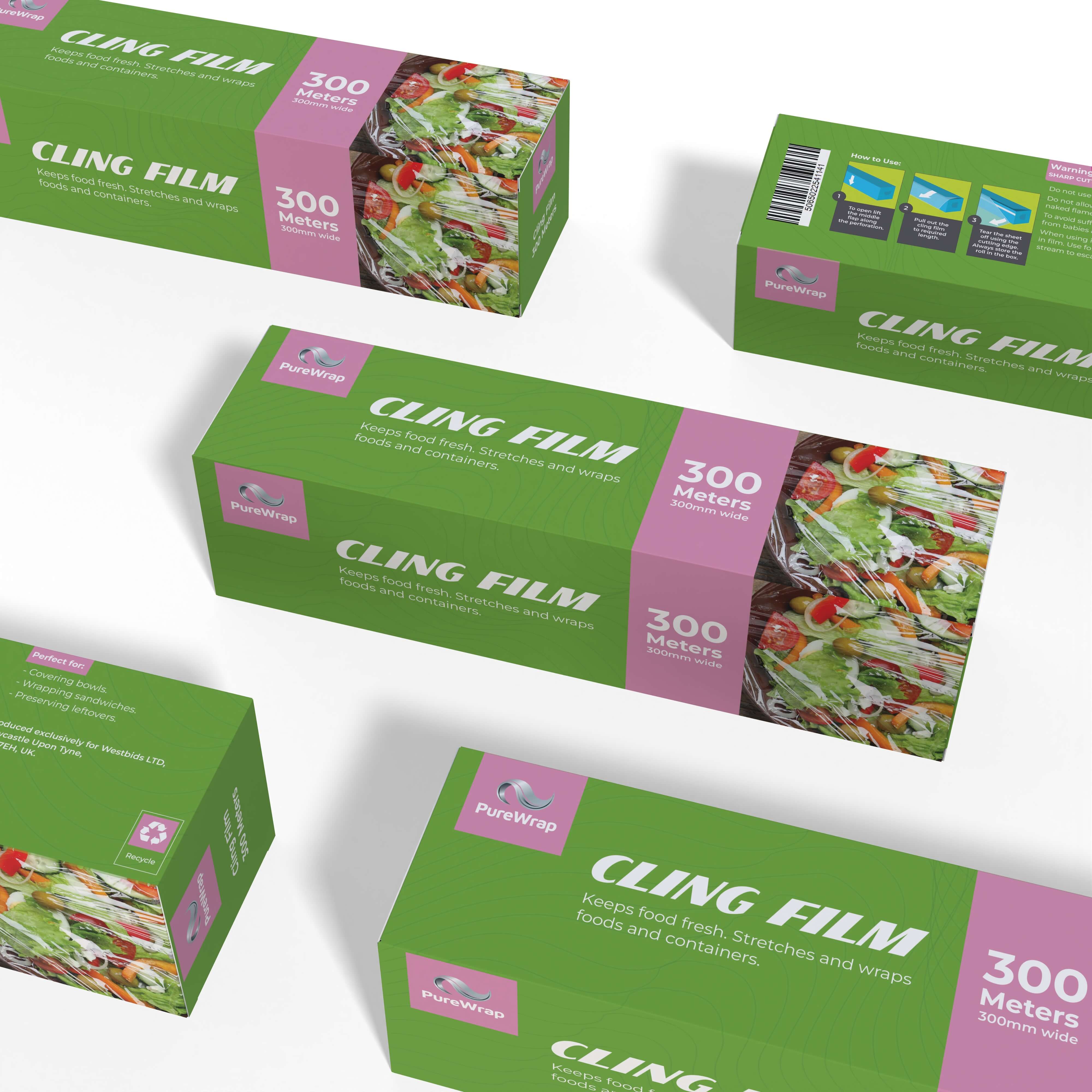 Box of Purewrap cling film, 300 meters long, for wrapping food. Box shows images of fresh vegetables in a bowl.