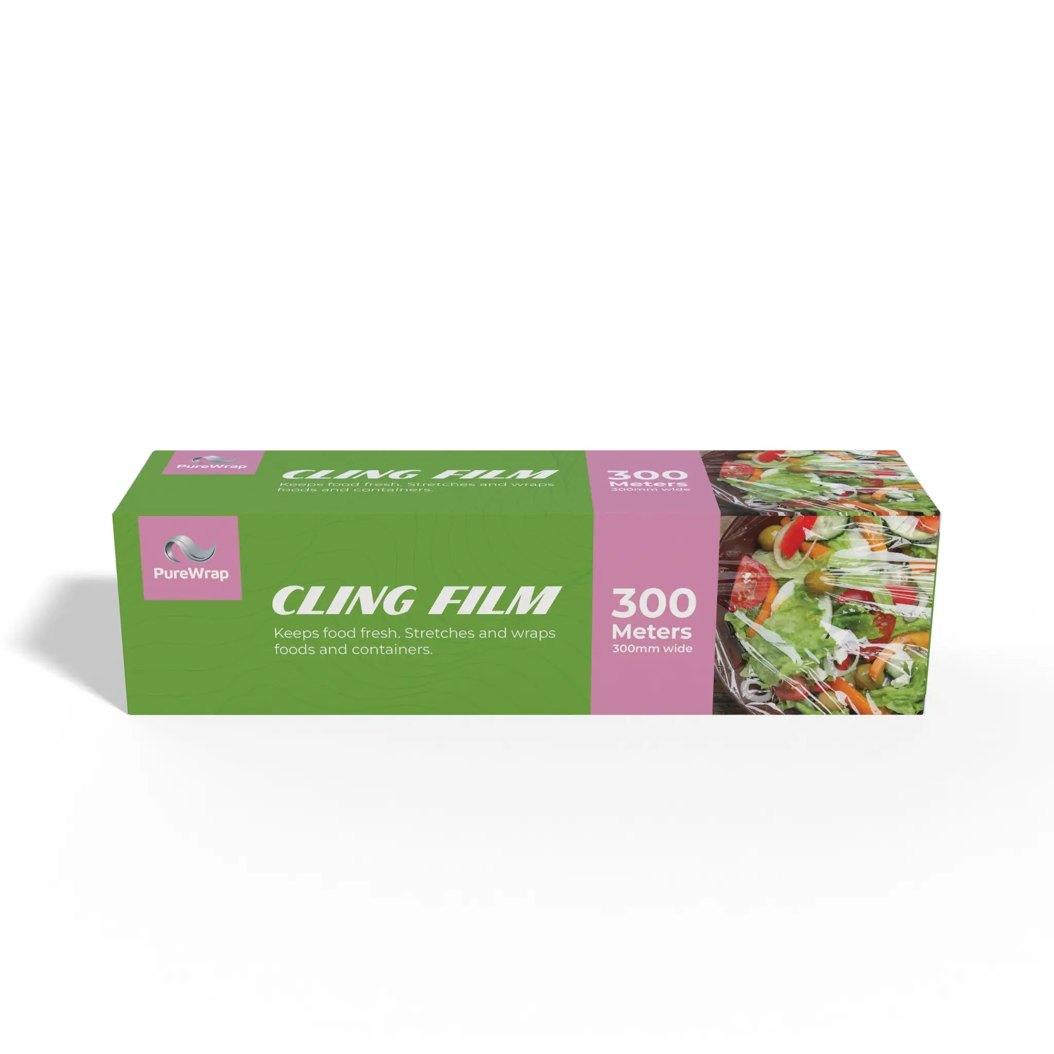 Box of Purewrap cling film, 300 meters long, for wrapping food. Box shows images of fresh vegetables in a bowl.