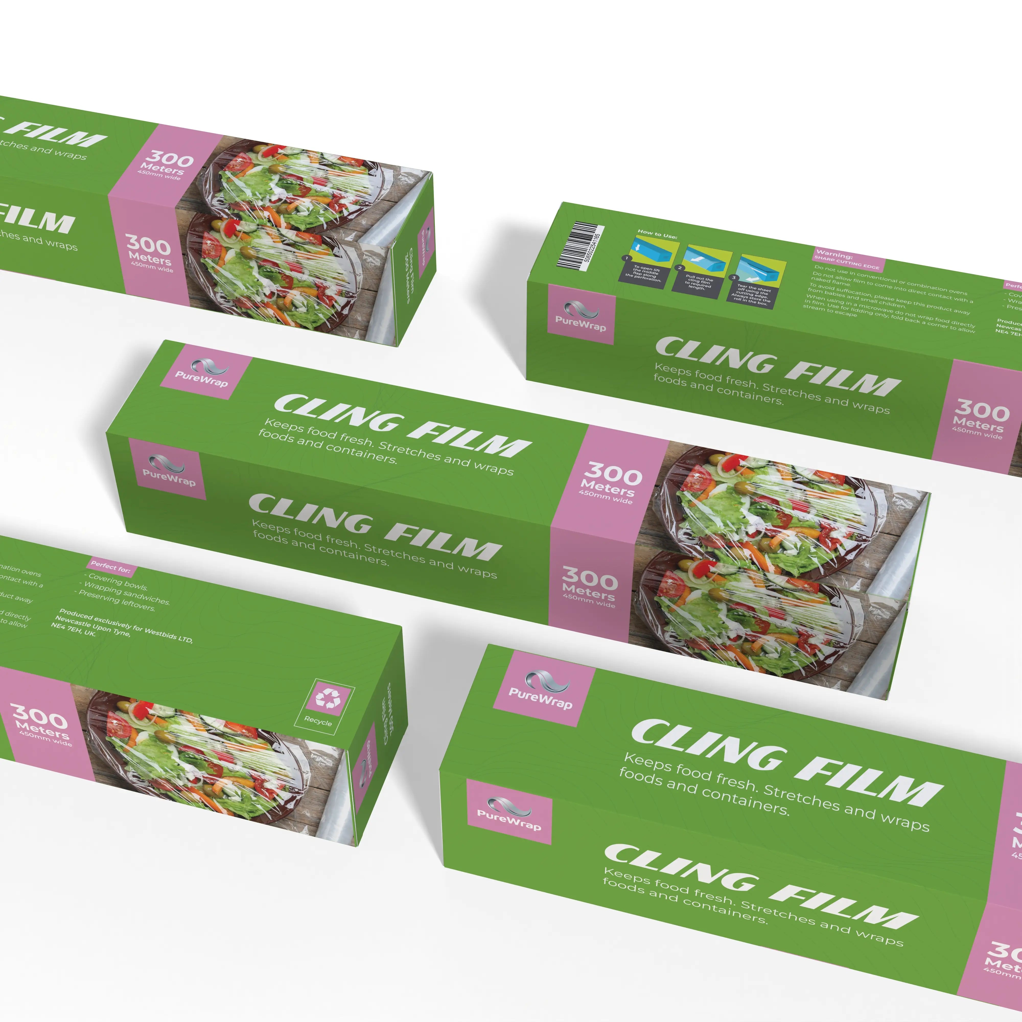 Box of Purewrap cling film, 300 meters long, for wrapping food. Box shows images of fresh vegetables in a bowl.
