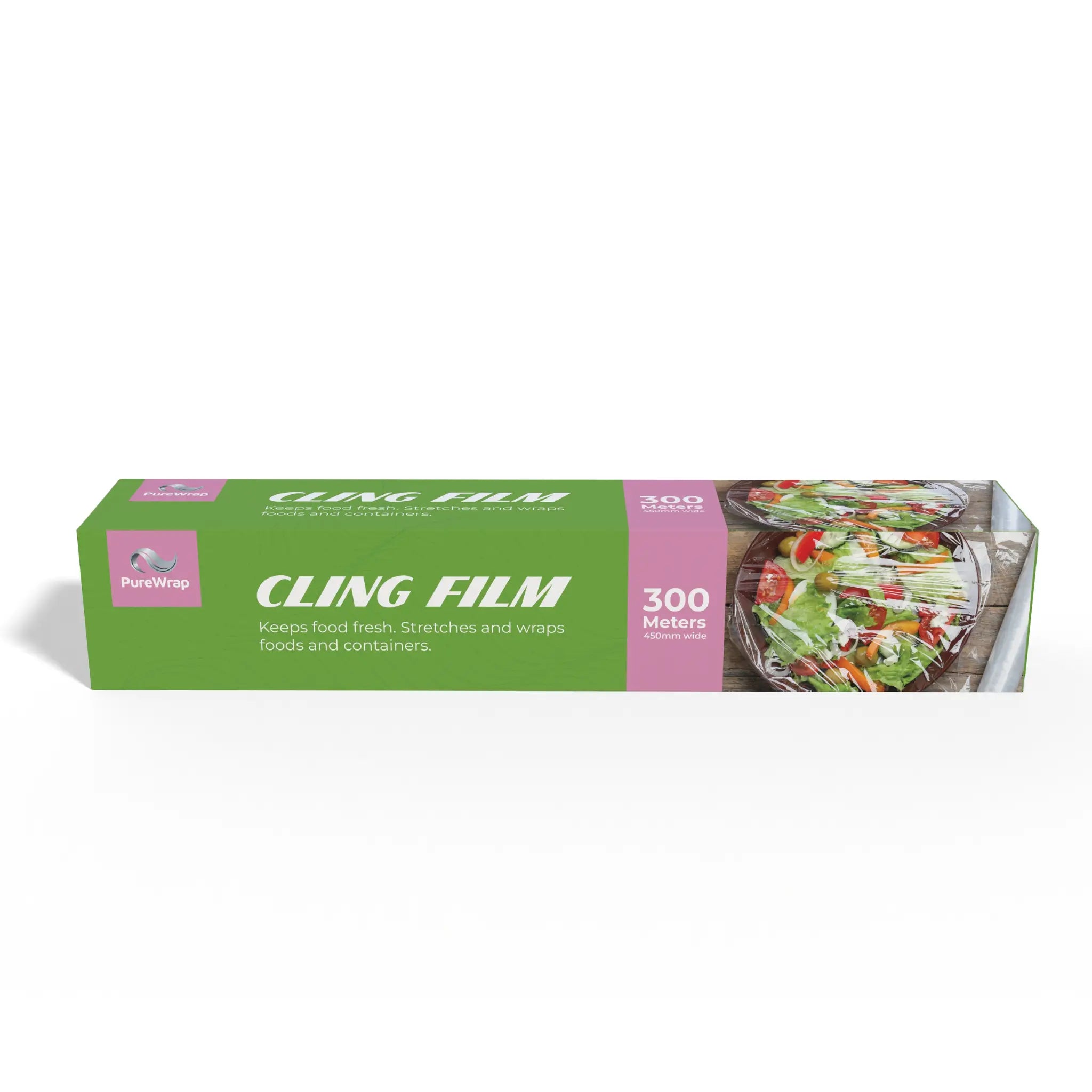 Box of Purewrap cling film, 300 meters long, for wrapping food. Box shows images of fresh vegetables in a bowl.