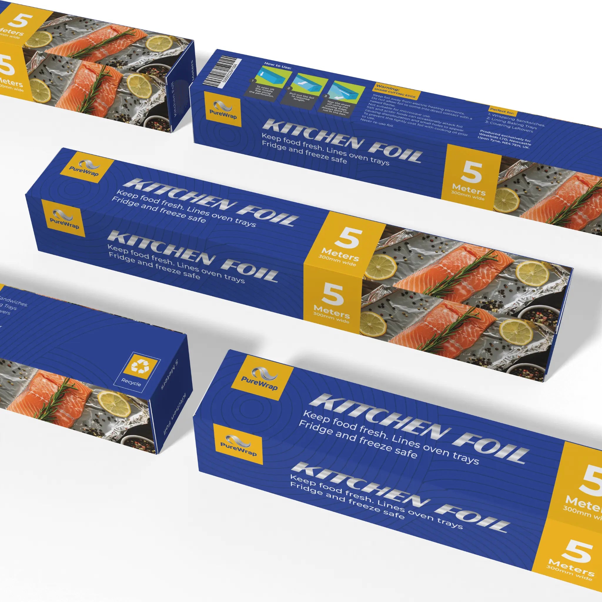 Four boxes of Purewrap Kitchen Foil 5m x 300mm are displayed on a white surface. The packaging shows food images, emphasizing its use as kitchen foil for effective food preservation.
