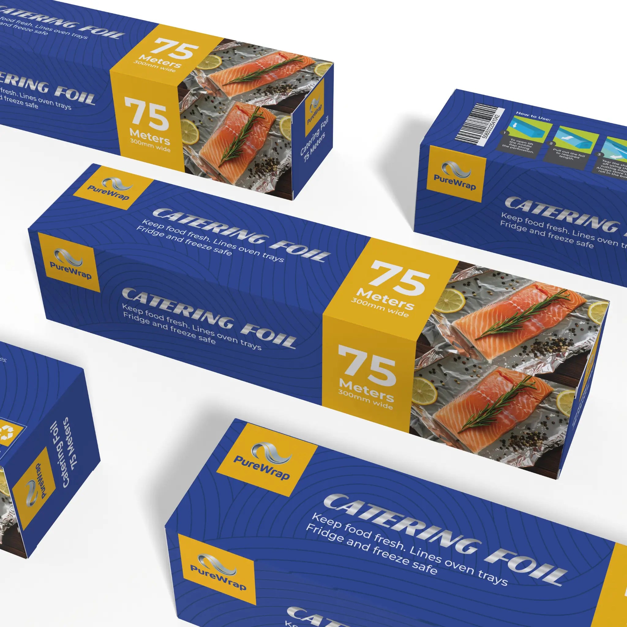 Boxes of Purewrap Catering foil 75m x 300mm, packaging shows salmon wrapped in foil with lemon slices and herbs.