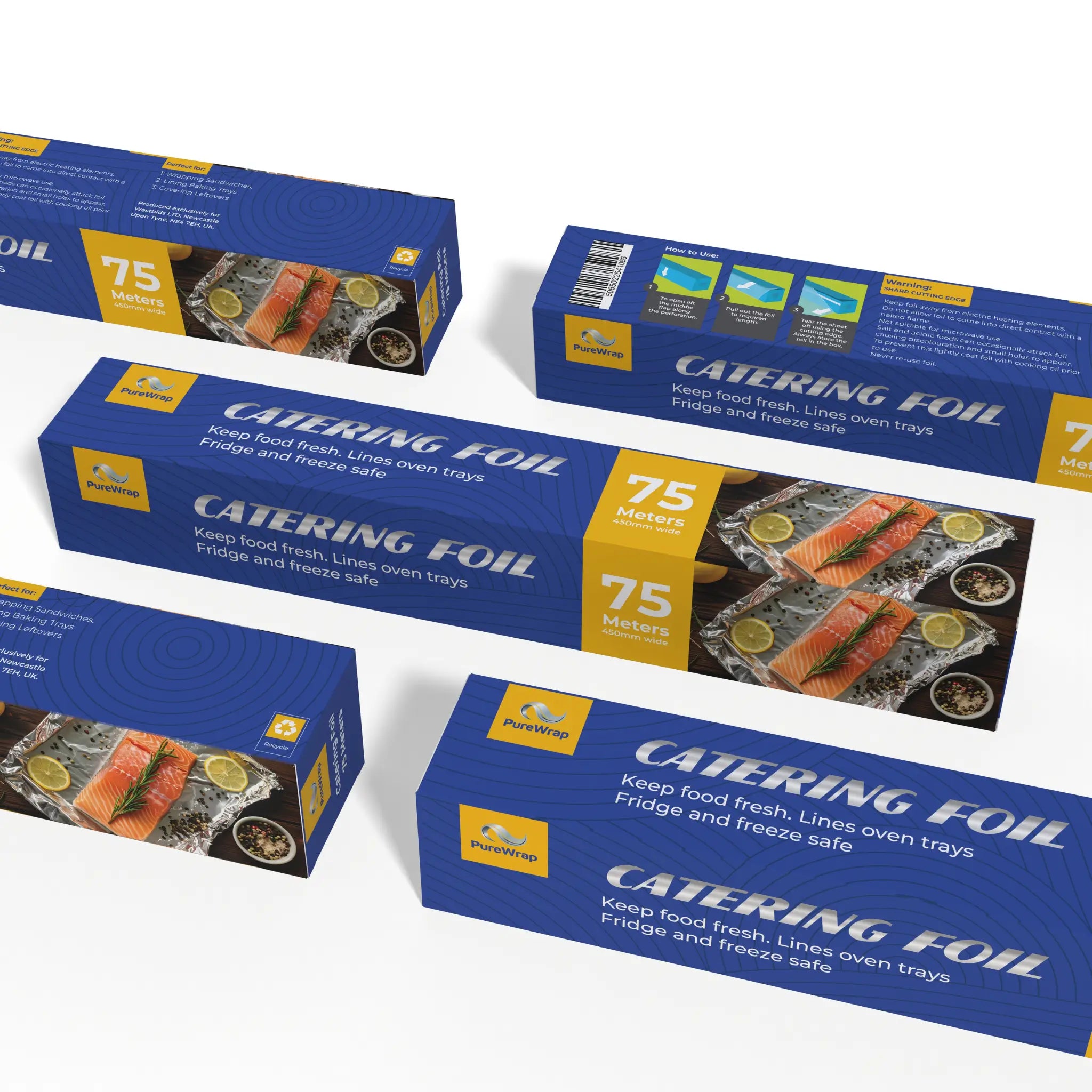 Boxes of Purewrap Catering foil 75m x 450mm, packaging shows salmon wrapped in foil with lemon slices and herbs.