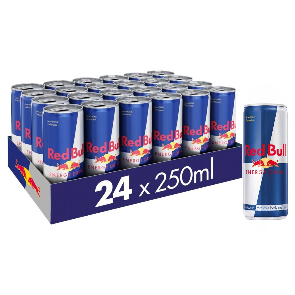 A tray of Red Bull 24 x 250ml, with one can shown separately on the right—ideal for wholesale energy drink needs.