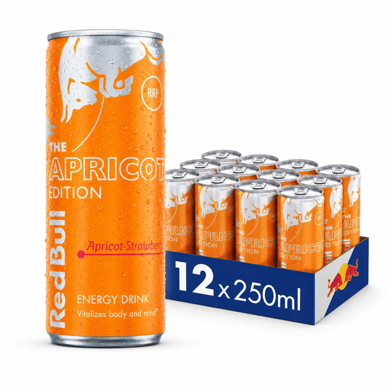 A can of Red Bull Amber Edition 250ml is displayed next to its 12-pack case, showcasing the new apricot and strawberry energy drink flavor.