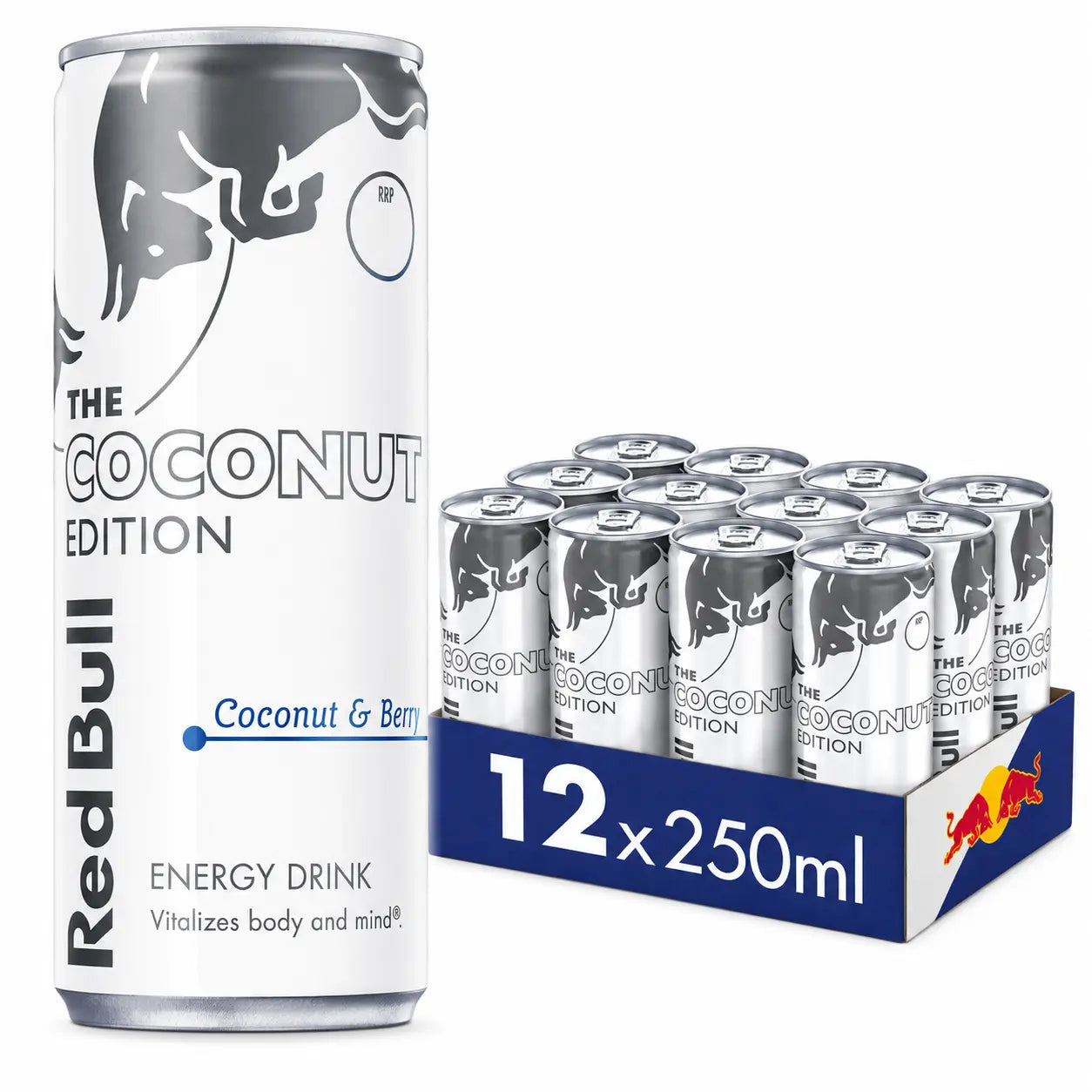 A Red Bull Coconut Edition 250ml can sits next to a 12-pack of Red Bull Coconut Edition (12 x 250ml PM)—ideal for anyone wanting energy drinks in bulk.