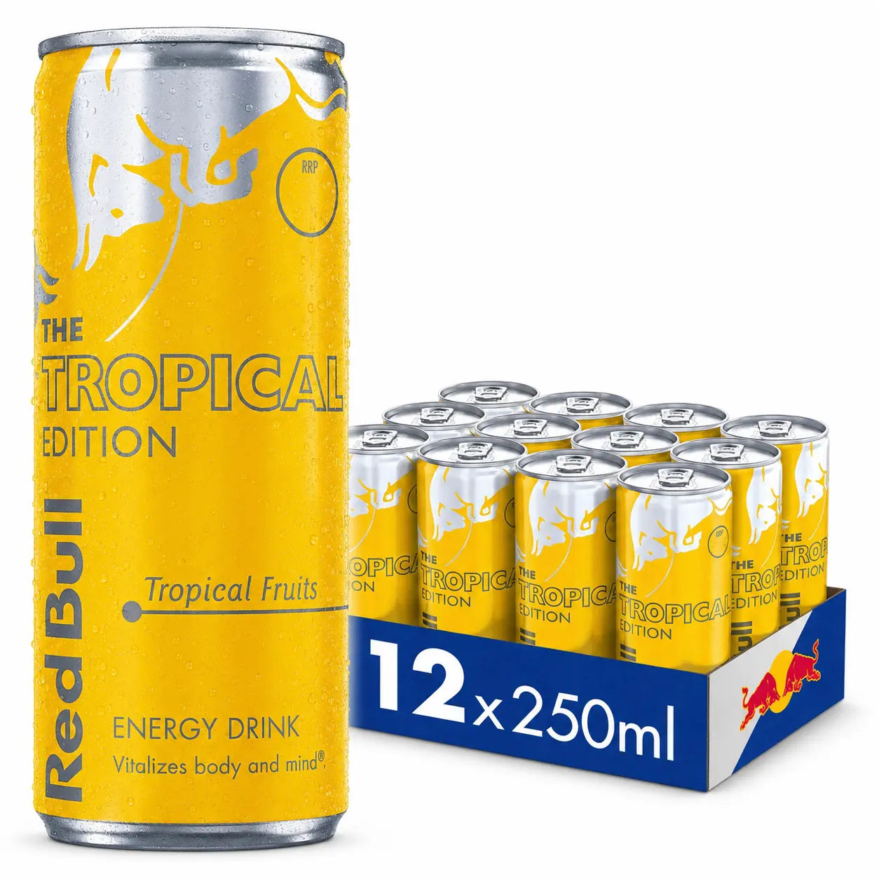 A 250ml can of Red Bull Tropical Edition stands before its bright yellow 12-pack box, highlighting the Tropical Fruits flavor—ideal for those wanting the Red Bull Tropical Edition 250ml Cans 12 Pack PM in bulk.
