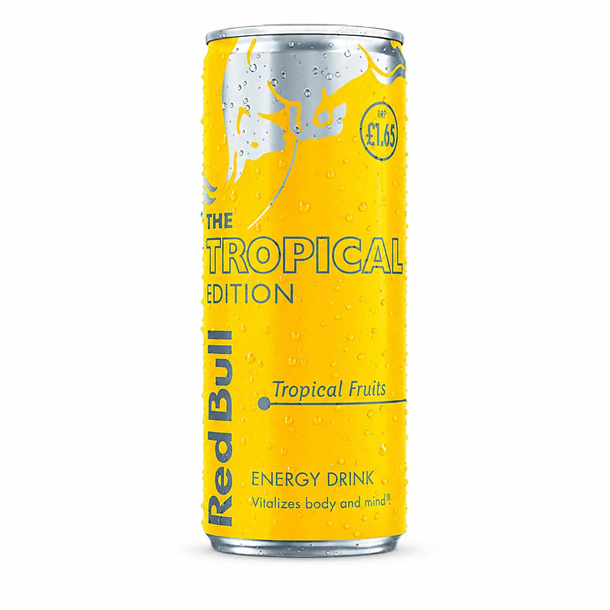 A 12-pack of Red Bull Tropical Edition 250ml cans with vibrant yellow packaging and a £1.65 price mark—ideal for bulk wholesale purchases.