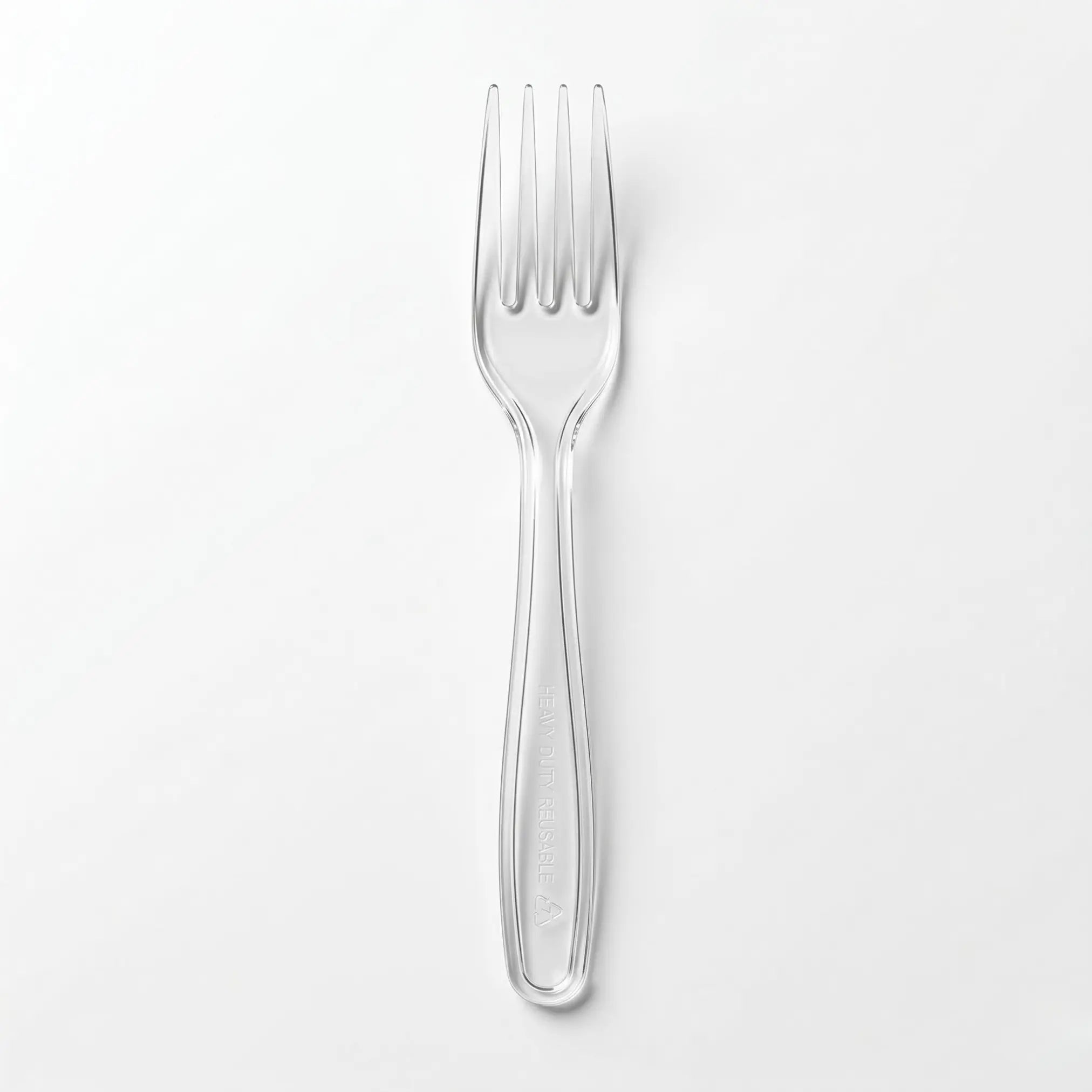 A Clear Plastic Fork from the Clear Plastic Forks 1000 Pack is centered on a plain white background in the image.