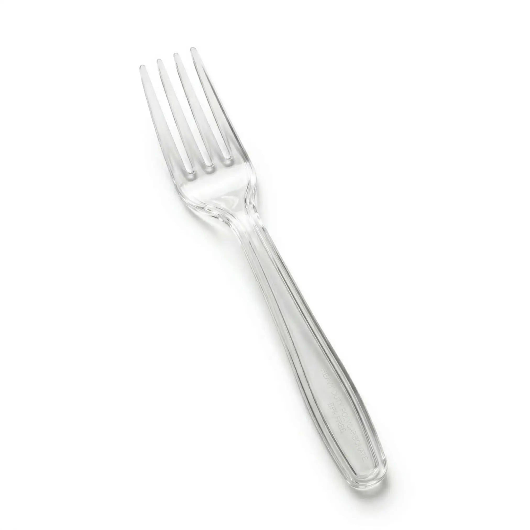A Clear Plastic Fork from the 1000 Pack, featuring four tines and ideal for disposable cutlery needs, is shown on a white background.