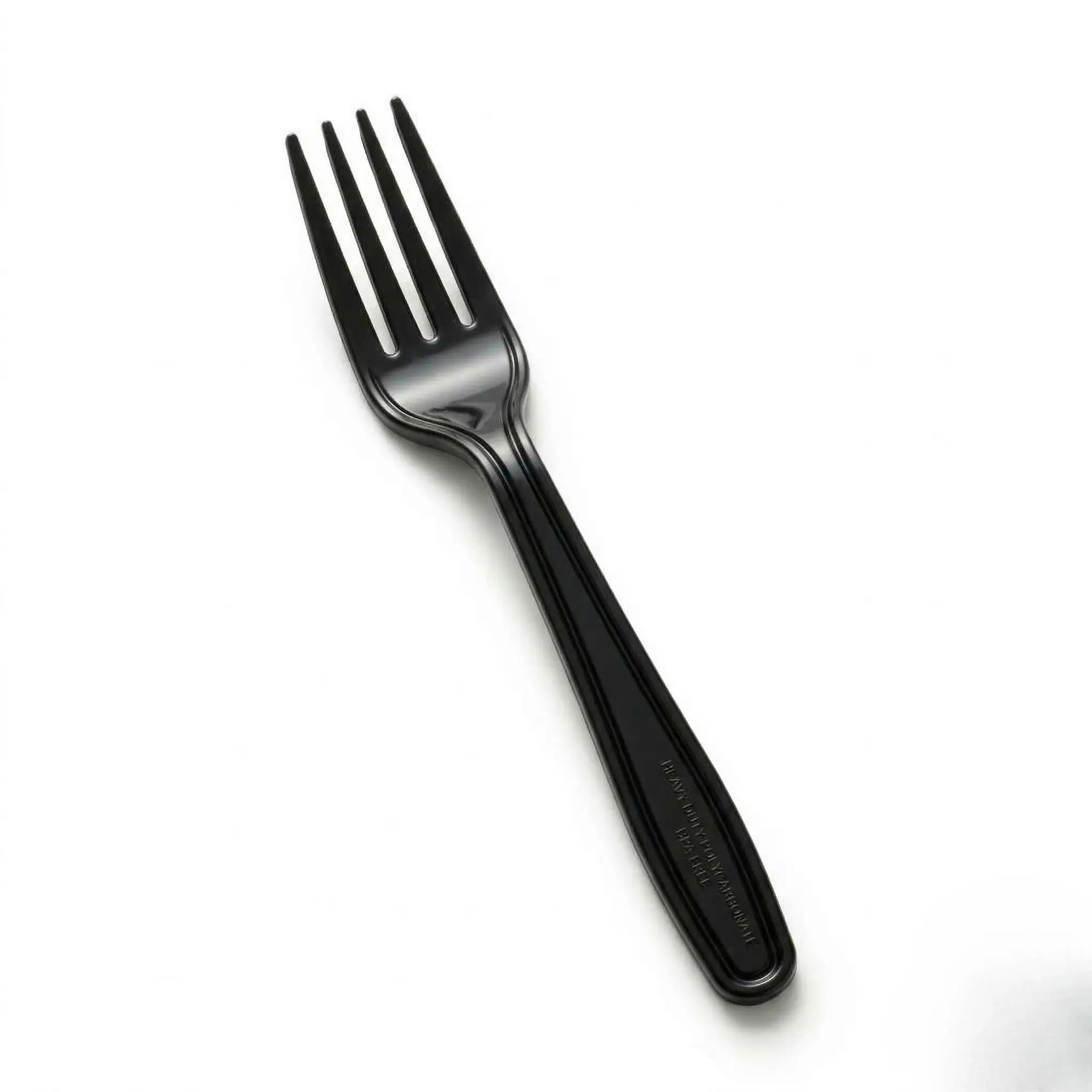A Black Plastic Fork from the Black Plastic Forks 1000 Pack is placed on a white background.