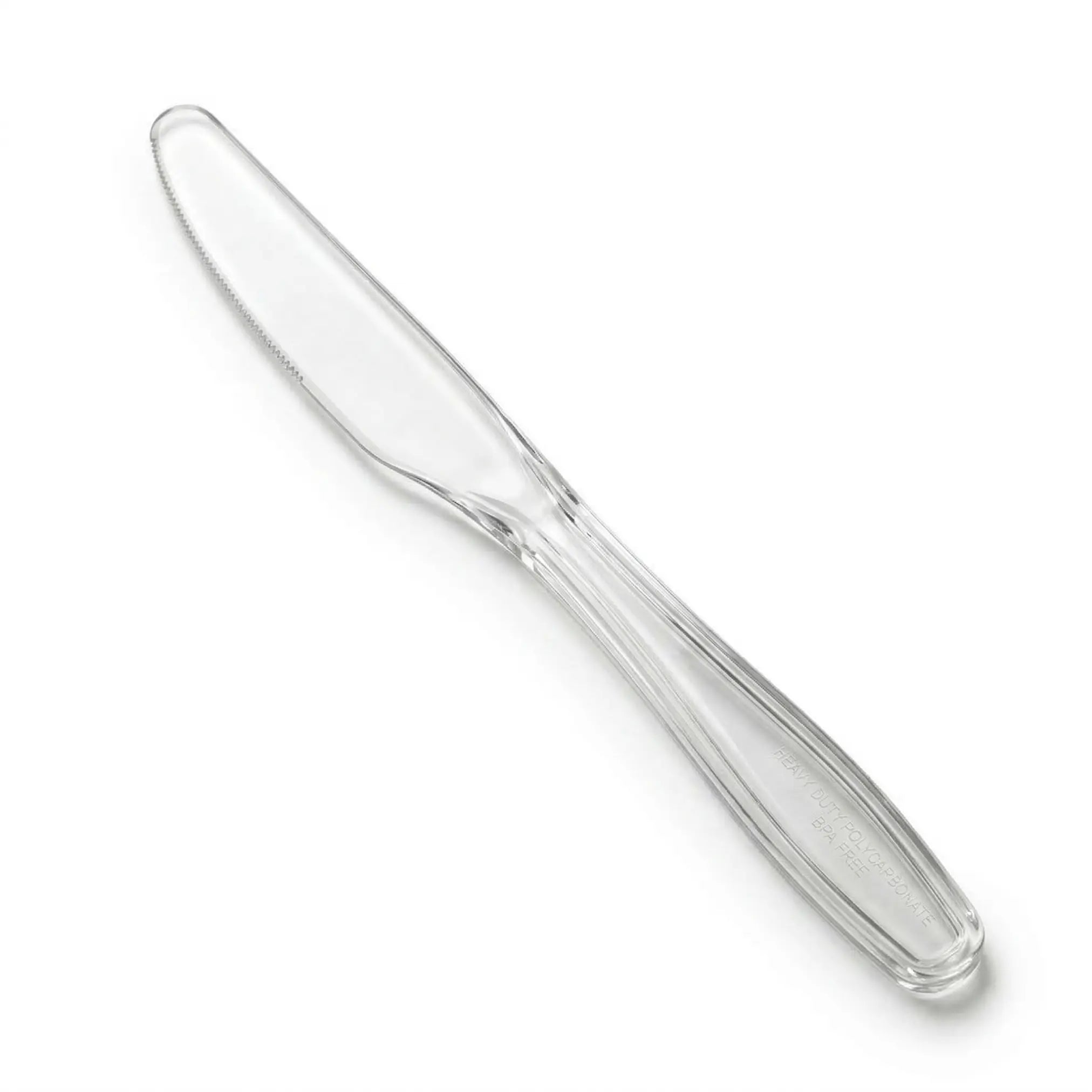A pack of 1000 clear plastic disposable knives, perfect for takeaway meals, is displayed on a white background.