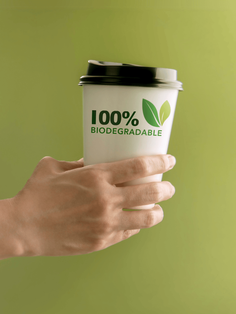 A hand holding a compostable coffee cup, with the text 100% bridgeable, against a green background.