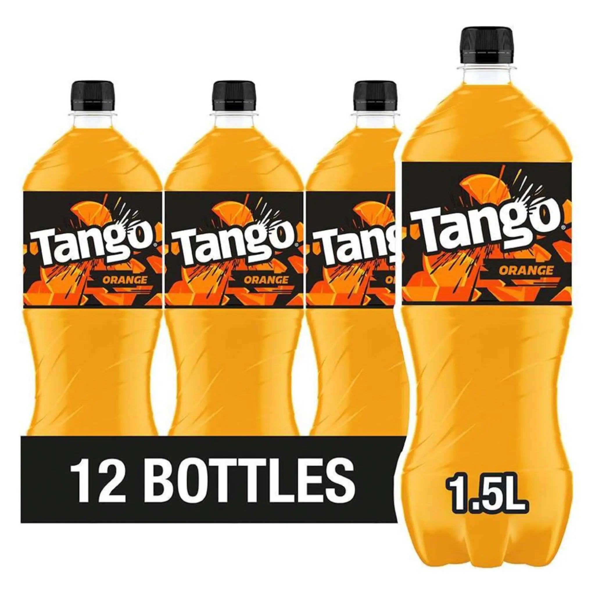 A 12-pack of Tango orange juice, featuring vibrant packaging and multiple juice cartons stacked together.