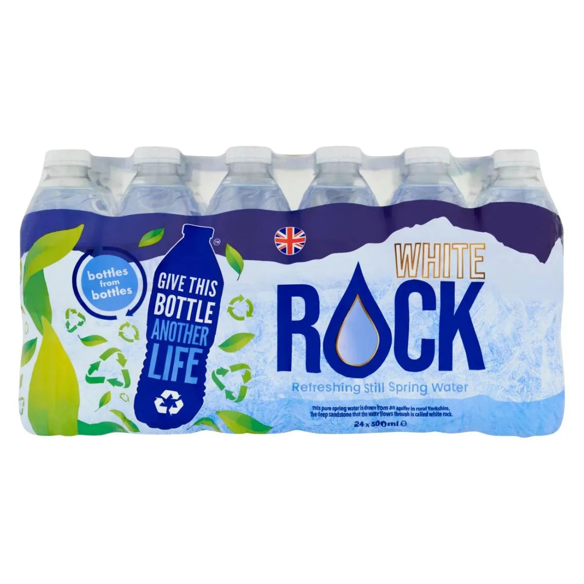 White Rock Water 500ml x 24 features recyclable packaging with a "Give this bottle another life" message, making it ideal for wholesale needs.