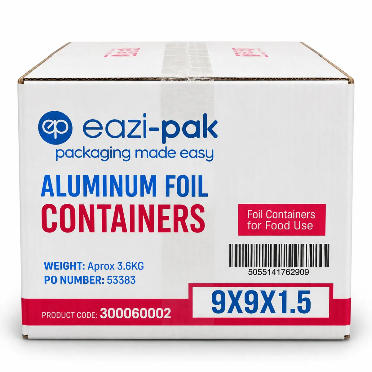A white box labeled “Aluminium Foil Containers No.9 2\” 180 Pack“ features the size 9x9x2, product code, barcode, and text indicating suitability for food use—ideal for packaging curries with these deep no.9 aluminium foil takeaway containers.