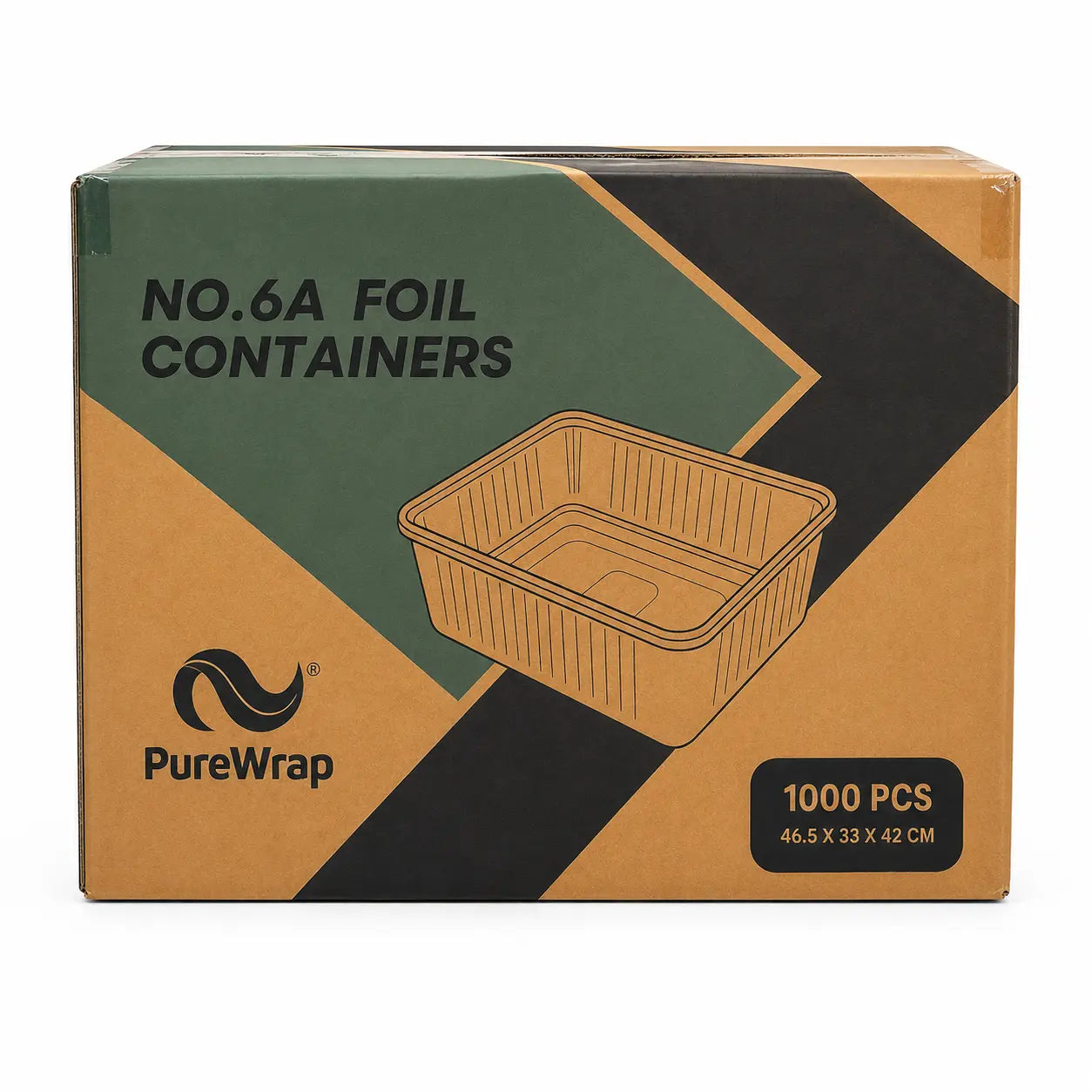 A box of Aluminium Foil Container No.6a 1000 Pack, featuring a line drawing of the container on the front, offers oven-safe and freezer-safe storage—ideal for conveniently storing or reheating food.