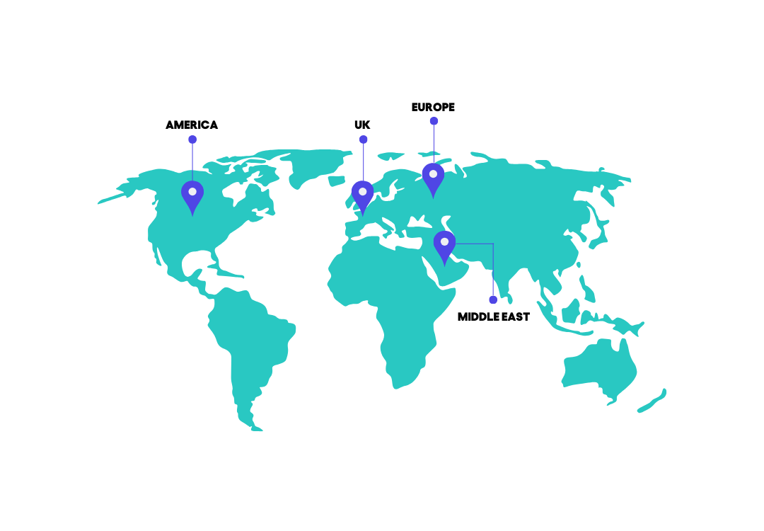 Map of world with international orders marked. America, UK, Europe and Middle East Marked