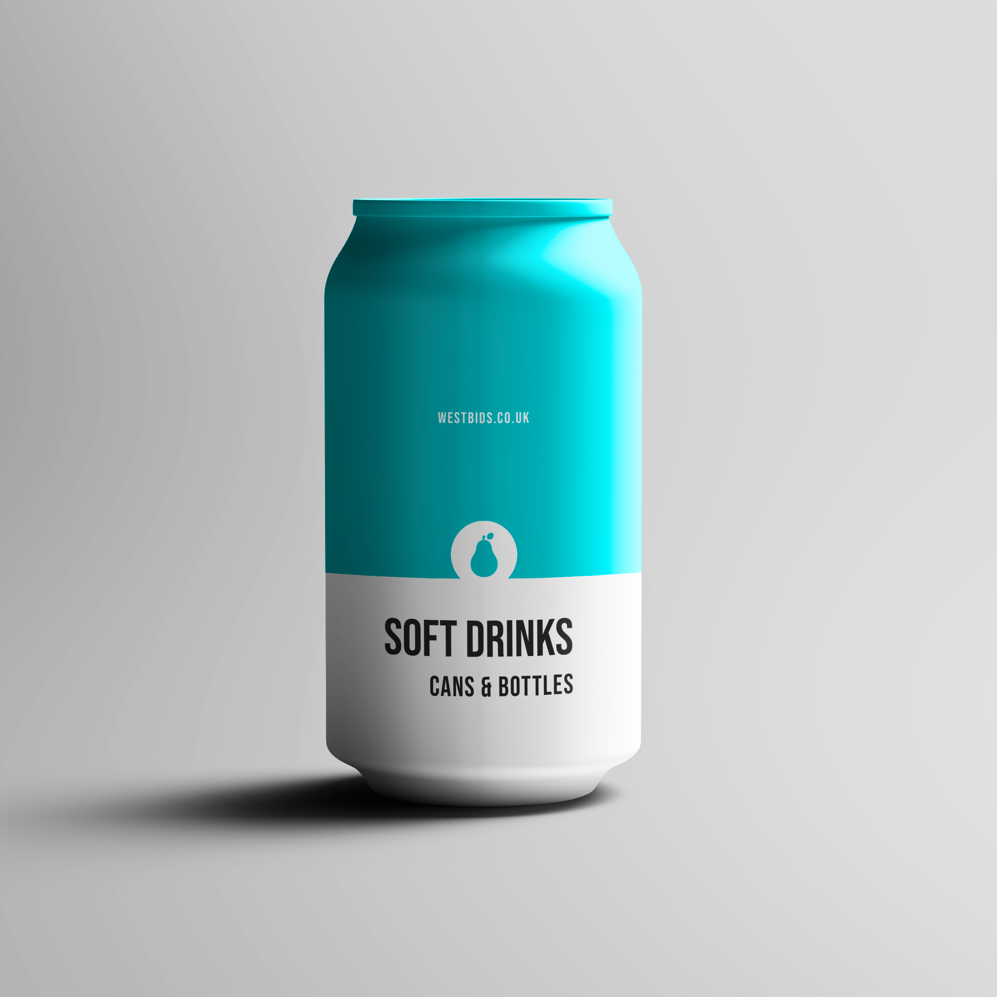 A teal and white can labeled "Soft Drinks Cans &amp; Bottles" stands upright on a plain grey background.