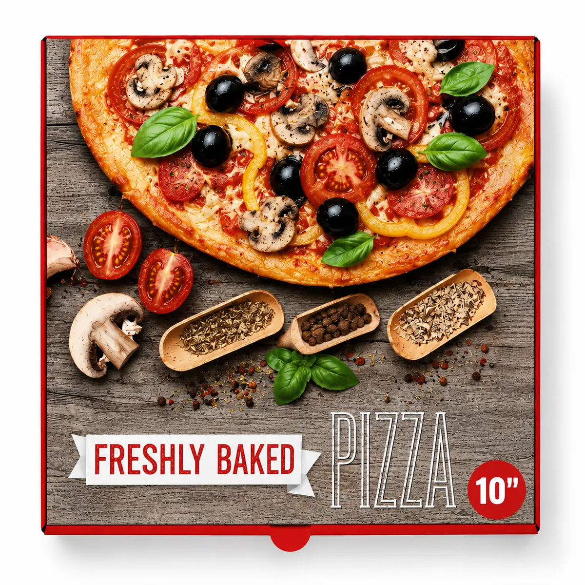 A 10-inch pizza with tomatoes, olives, mushrooms, basil, and peppers is displayed on a wooden surface alongside spices and fresh ingredients, with the text “Freshly Baked Pizza 10,” and is packaged in 10 Inch Pizza Boxes Red (90 Pack).