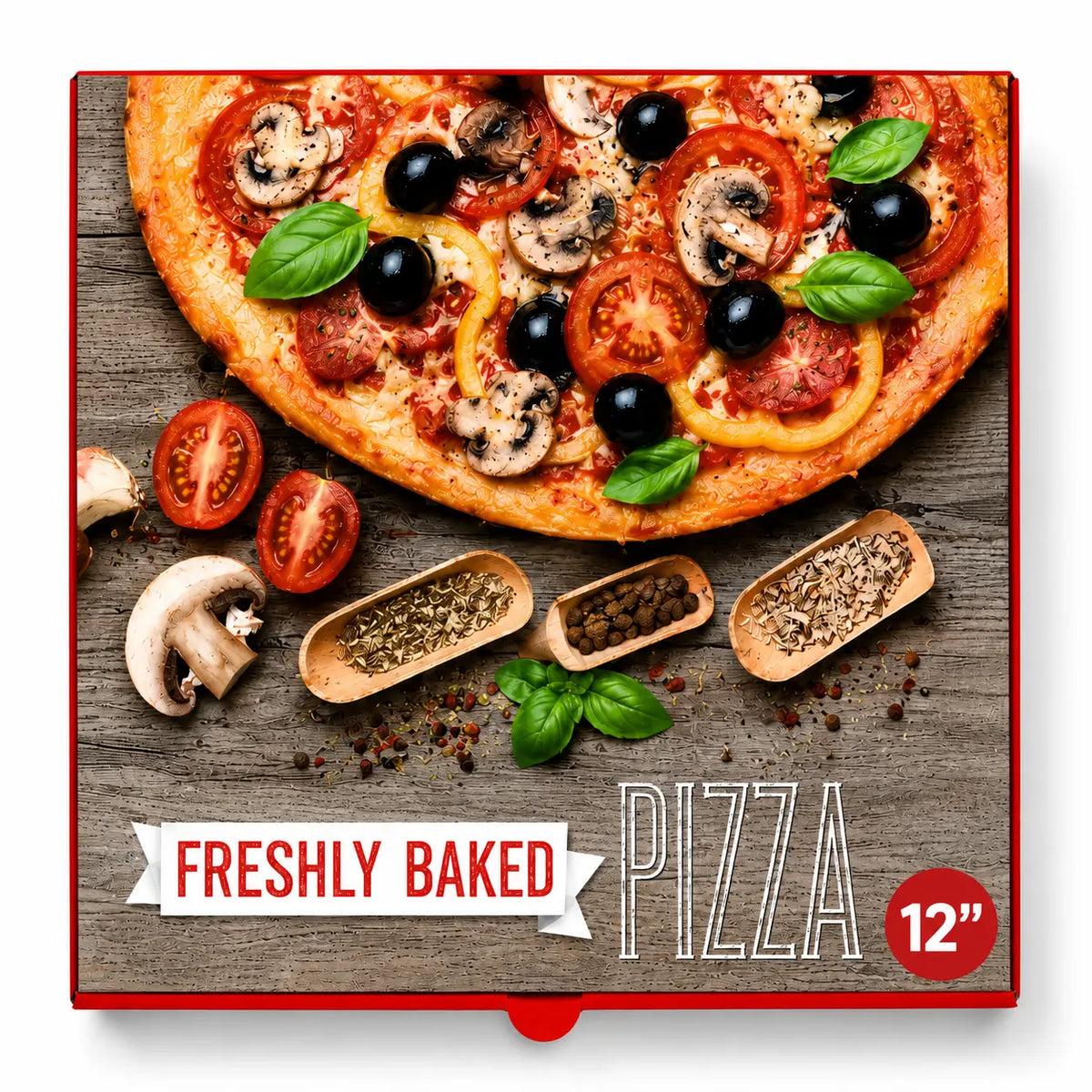 A 12-inch vegetable pizza topped with tomatoes, olives, mushrooms, and basil is shown on a pizza box from the “12 Inch Pizza Boxes Red 90 Pack,” labeled Freshly Baked Pizza and displayed next to herbs and peppercorns.