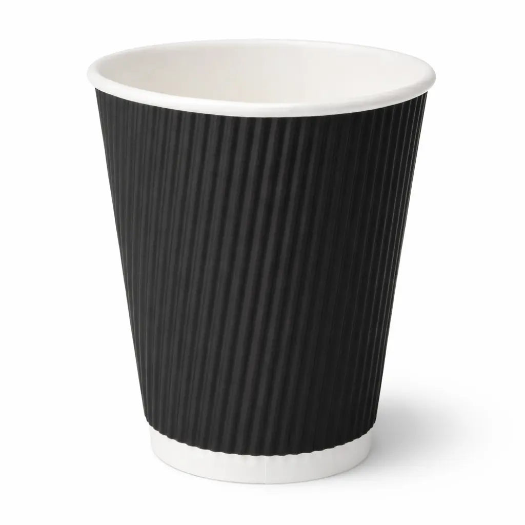 The Black Ripple Coffee Cups 12oz 500 Pack features cups with a ribbed black exterior, white interior and base, shown on a plain white background—ideal for serving takeaway coffee.