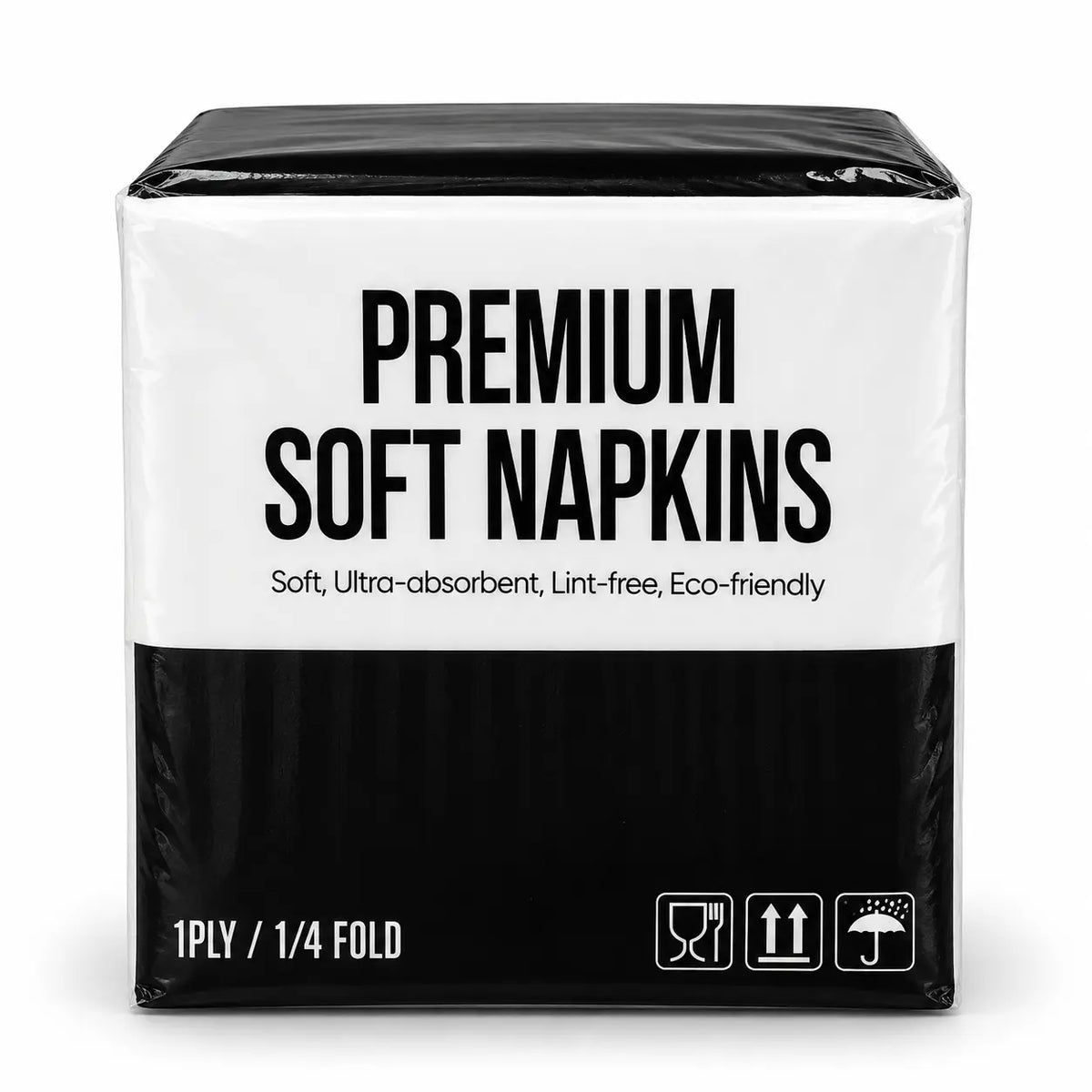 A package of White Paper Napkins 2 Ply 40cm features bold black text emphasizing their soft, ultra-absorbent, lint-free, and eco-friendly qualities. Ideal for premium dinner service, these generously sized napkins measure 40cm. Icons and product details are displayed at the bottom.