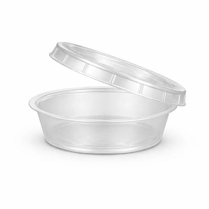 The Heavy Duty Sauce Cups & Lids 2oz 800 Pack features clear, round foodservice containers with matching lids—ideal as portion pots or sauce cups for sauces and condiments.