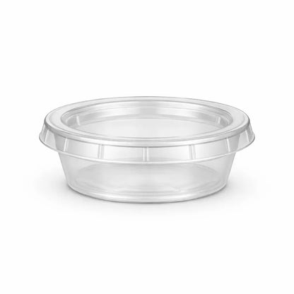 The Heavy Duty Sauce Cups & Lids 2oz 800 Pack features clear, round plastic containers with fitted lids—perfect for portion control or takeaway—displayed on a plain white background.
