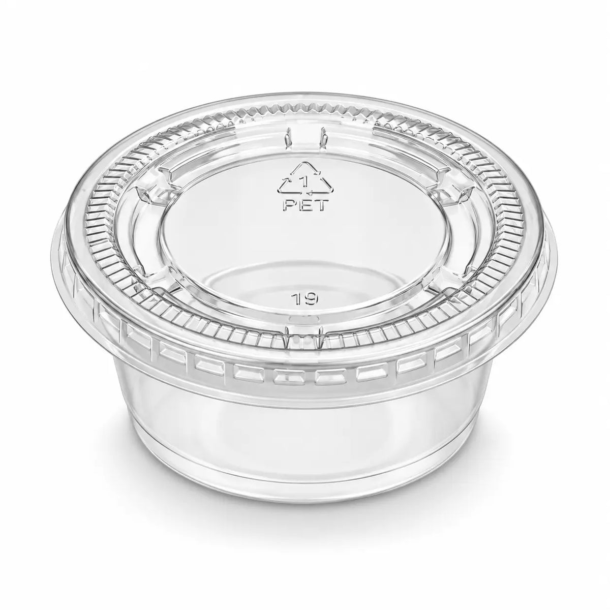 The EaziPak 2oz Sauce Pot features a small, clear plastic container with a tight-fitting PET lid, labeled with the recycling symbol on top. Available in an 800 pack.