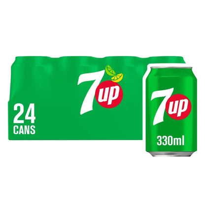 A 24-pack of 330ml 7UP cans with vibrant green packaging and the iconic 7UP logo, featuring a refreshing lemon-lime graphic.