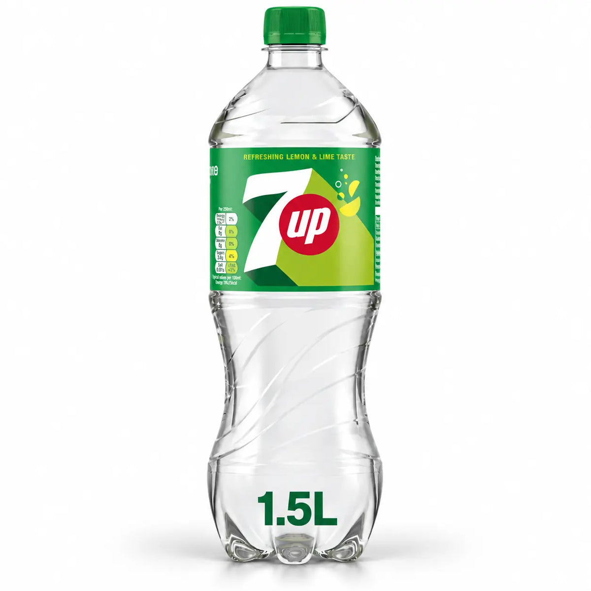 A 6 pack of 7Up 1.5L take-home bottles featuring lemon-lime soda, each with a green cap and green label, showcased against a white background—ideal for UK retail shelves.