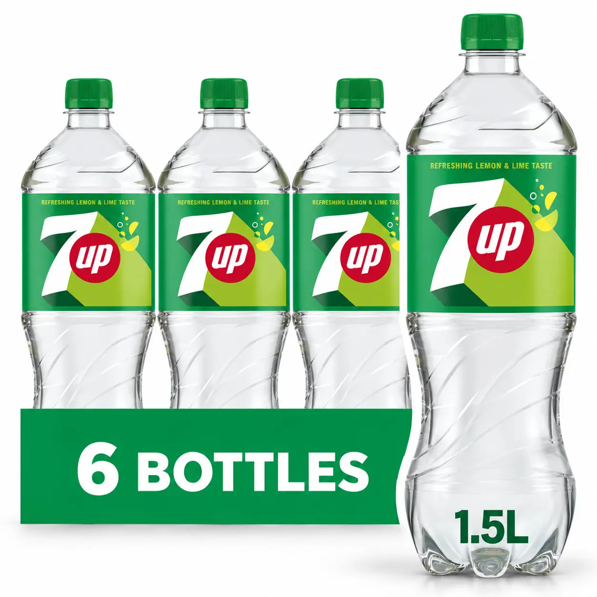 Six 1.5L bottles from the 7Up 1.5L Bottles 6 Pack, featuring a lemon and lime flavor with green labels marked “6 bottles,” are grouped together in the foreground—an ideal take-home bottle pack for UK retail.