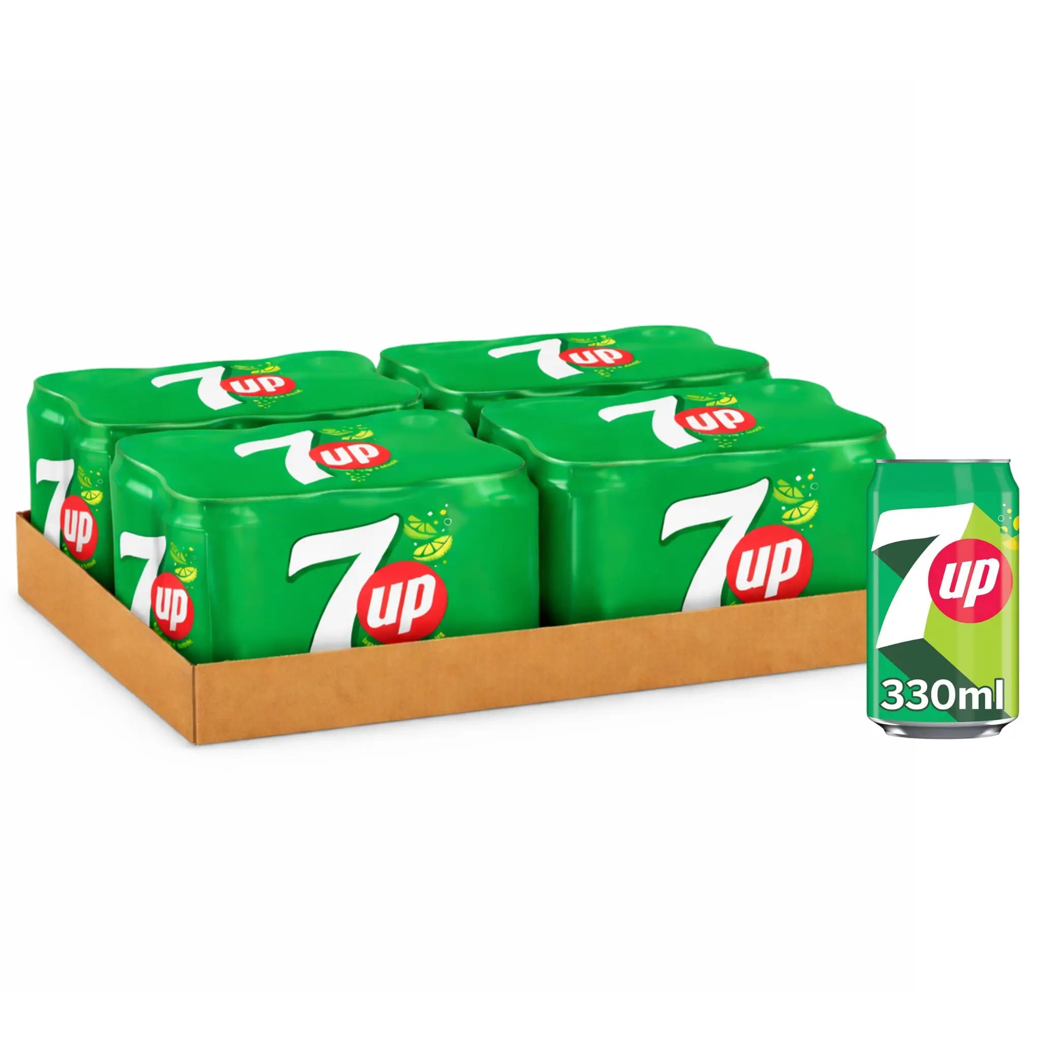 A cardboard tray holds a 7UP 330ml Cans 24 Pack (4 x 6), featuring the classic lemon-lime drink. To the right, a single can is shown—ideal for wholesale or stocking up on your favorite soft drink.