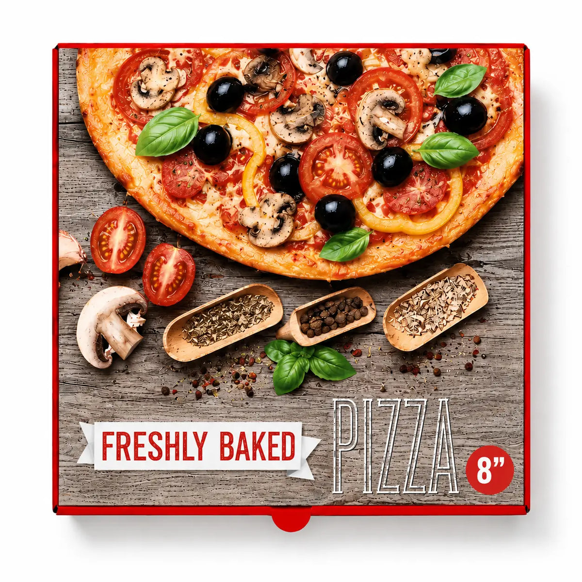 A pizza topped with tomatoes, olives, mushrooms, and basil is pictured on a box labeled “8 Inch Pizza Boxes Red 90 Pack,” surrounded by spices and vegetables on a wooden background.