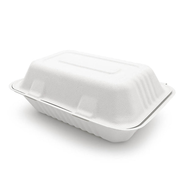 The 9x6" Bagasse Clamshell Takeaway Container, shown closed and rectangular on a plain white background, showcases eco-friendly molded fiber packaging ideal for sustainable food takeout.