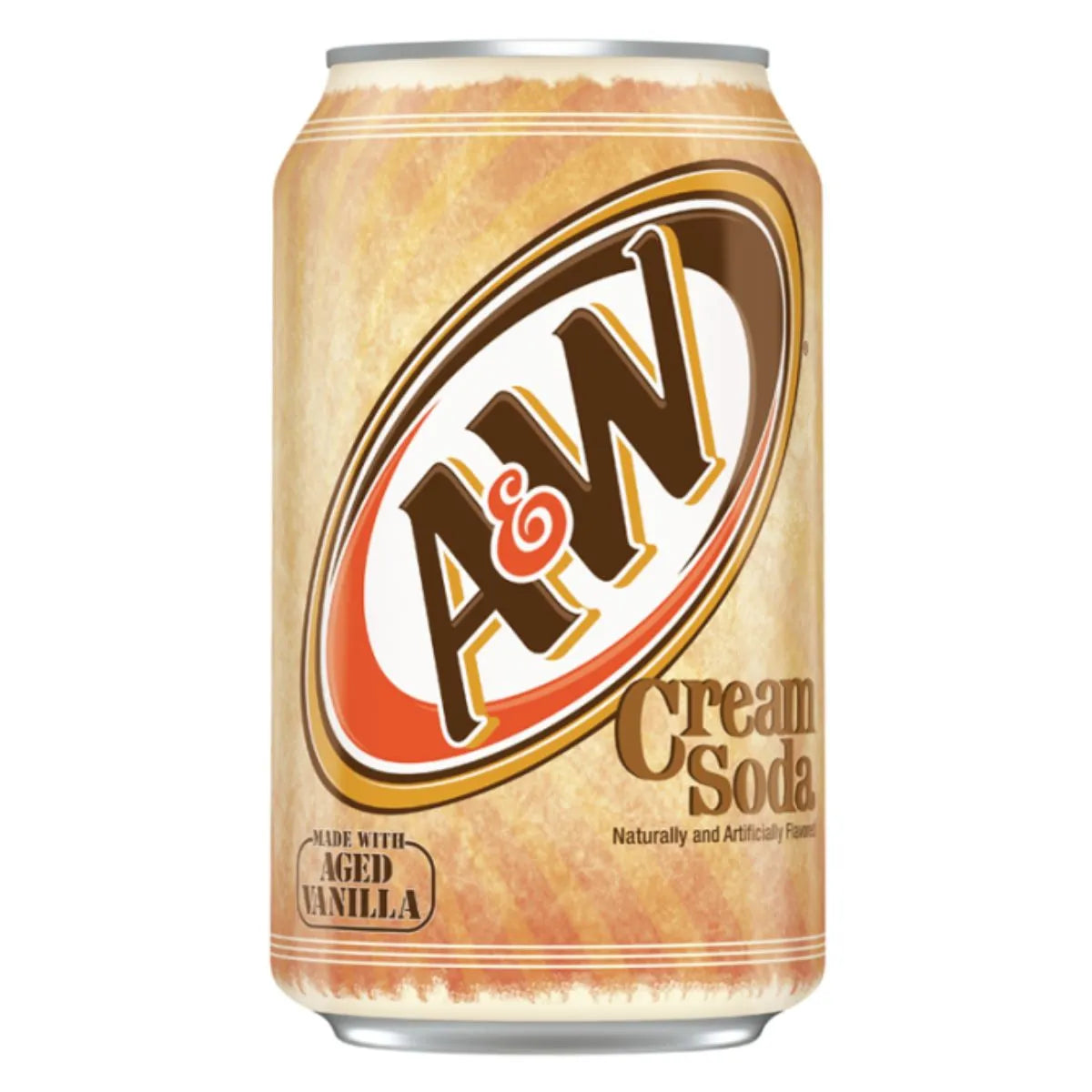 A&W Cream Soda 12 x 355ml features a beige and brown can design with the signature logo and aged vanilla flavor—ideal for USA import soft drinks or bulk wholesale orders.