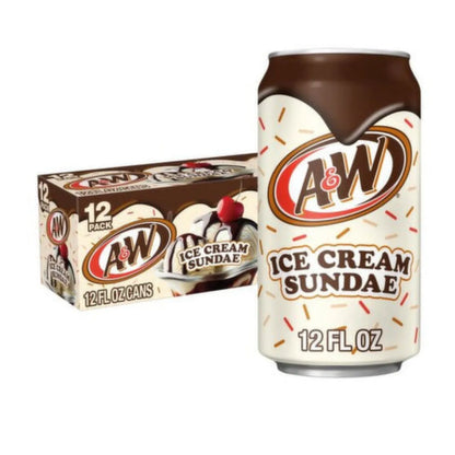 A 355ml can of A&W Ice Cream Sundae soda is displayed beside a 12-pack box, both featuring the same iconic branding.