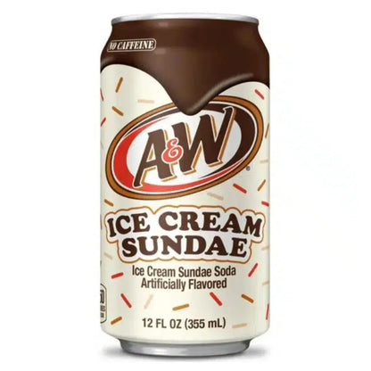 A pack of A&W Ice Cream Sundae 12 x 355ml cans, with cream and brown designs featuring sprinkles—a delightful USA import perfect for fans of unique soft drinks.