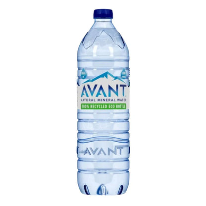 A pack of 6 Avant Mineral Water 1.5L bottles, each with a blue cap and an eco-friendly label stating “100% recycled,” perfect for bottled water needs in the UK.