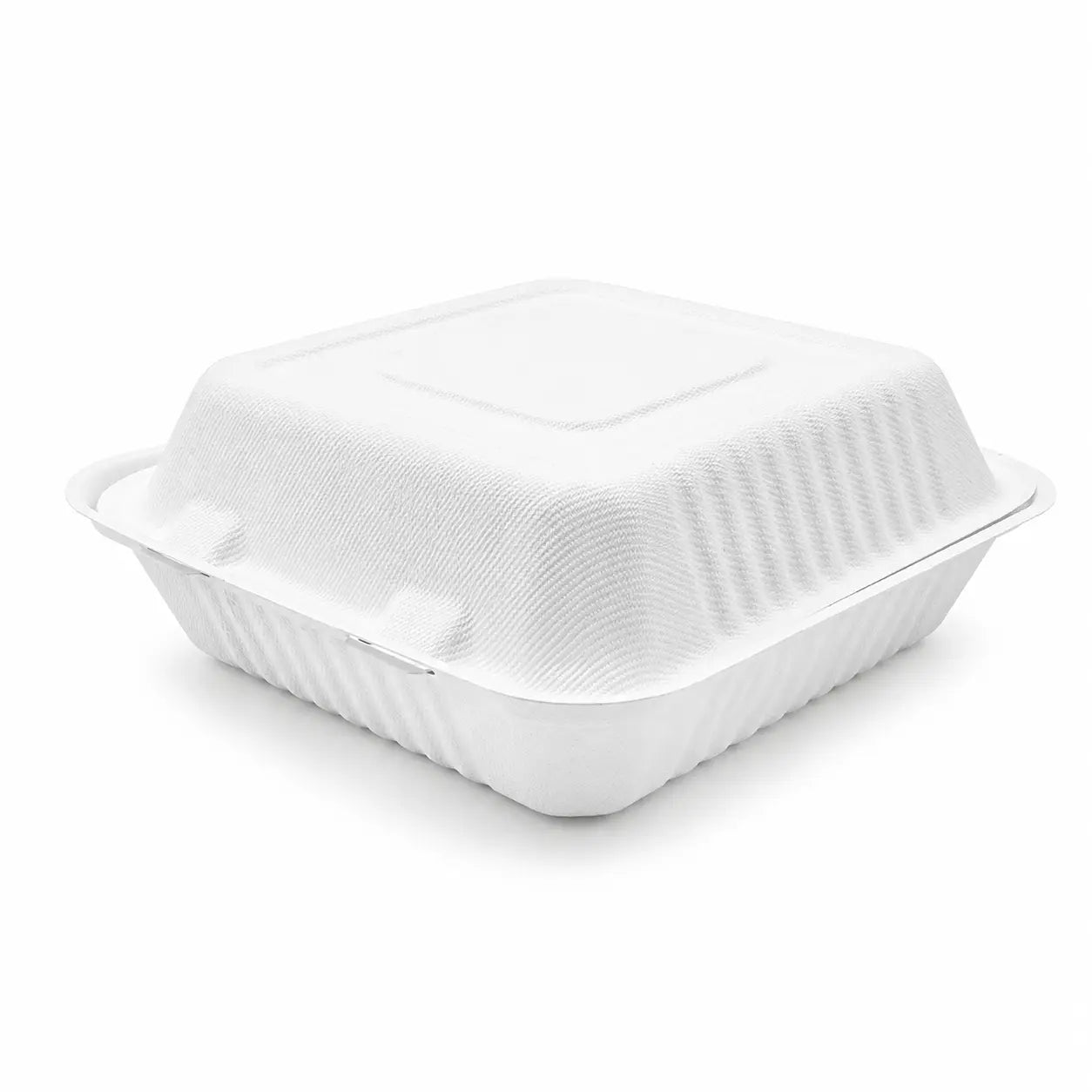 A Bagasse Clamshell Meal Box 9 x 9″, made of compostable material, is shown closed on a plain white background.