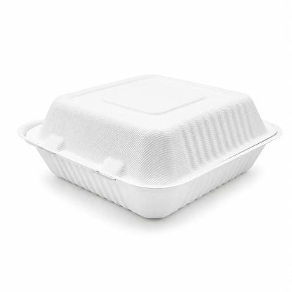 A Bagasse Clamshell Meal Box 9 x 9″, made of compostable material, is shown closed on a plain white background.