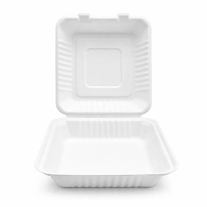 A Bagasse Clamshell Meal Box 9 x 9″, shown open with its white, rectangular, disposable interior empty and lid upright, made from compostable material.