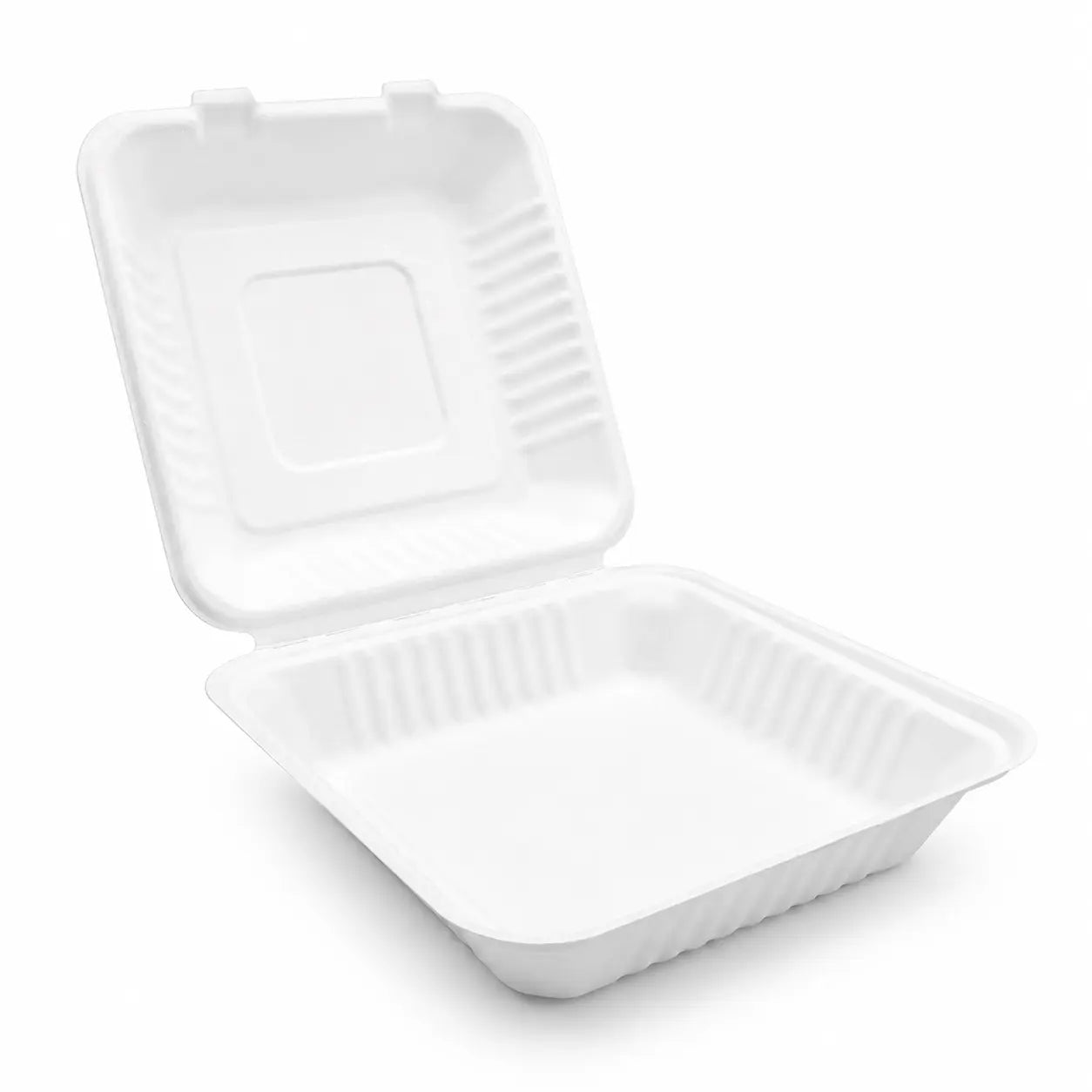 A Bagasse Clamshell Meal Box 9 x 9″ is displayed open and empty with its hinged lid, set against a plain white background.
