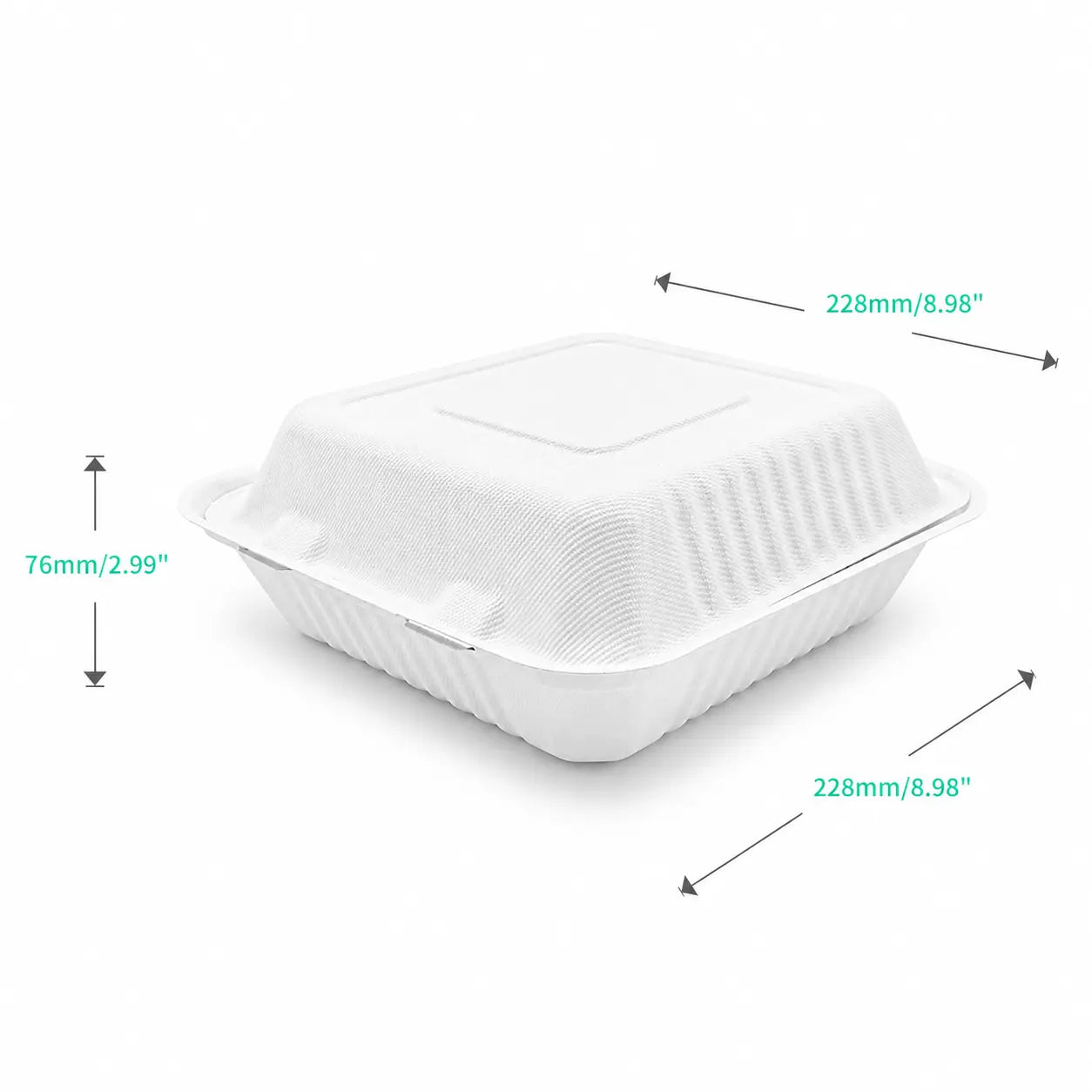 Bagasse Clamshell Meal Box 9 x 9″, a white rectangular takeout container with closed lid, measuring 228mm (8.98″) in length and width, and 76mm (2.99″) in height.