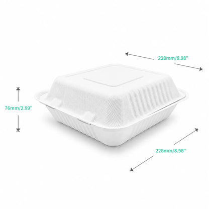 Bagasse Clamshell Meal Box 9 x 9″, a white rectangular takeout container with closed lid, measuring 228mm (8.98″) in length and width, and 76mm (2.99″) in height.